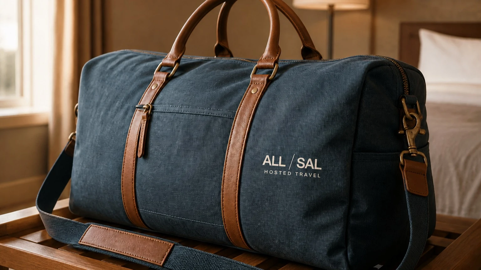 Blue Hour All Sal weekender with tan leather and aged brass details